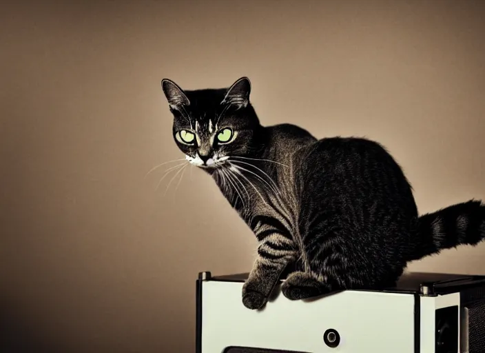 Image similar to photography of a Cat sitting on a record player. in a room full of vinyls and posters out of the 70's, photorealistic, raining award winning photo, 100mm, sharp, high res