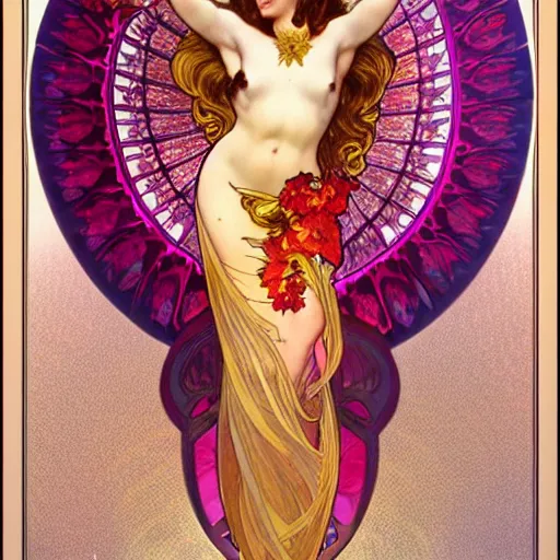 Image similar to a beautiful orchid phoenix angel woman, in an ornamented dress with large, volumetric light, god rays, 8 k high resolution, rubies, by alphonse mucha, artgerm