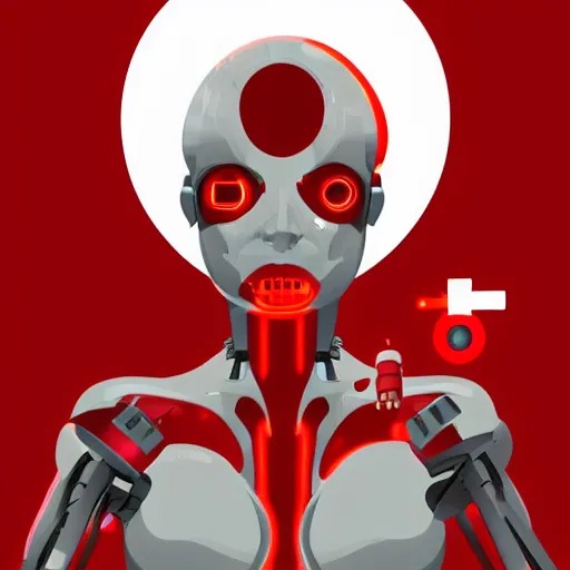 Image similar to a muscular female cyborg ( 8 0 % machine, 2 0 % human ) with glowing red eyes and an evil smile, repairing herself, science fiction themed, pixiv, vector art