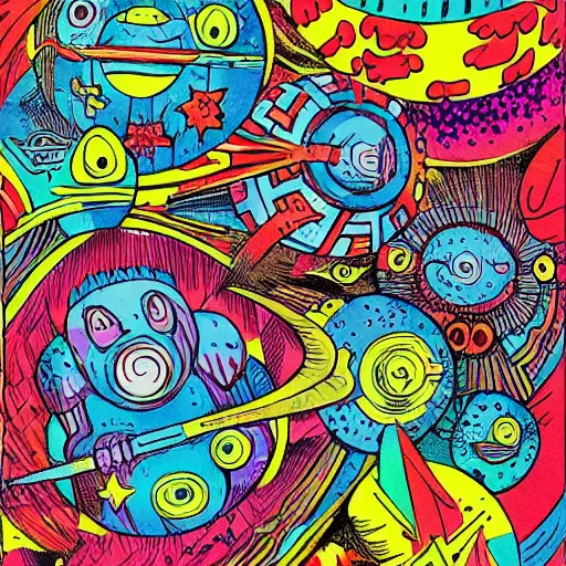 Prompt: colorful and detailed jack kirby illustration of strange bird creatures in a cosmic vortex kirby dots