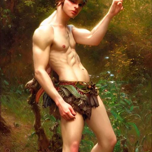 Image similar to attractive male fairy in the forest posing. highly detailed painting by gaston bussiere, craig mullins, j. c. leyendecker, 8 k