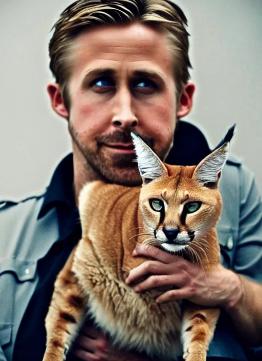 Image similar to Ryan Gosling holds a caracal cat in his hands, ultra highly detailed, smooth, sharp focus, elegant, artstation