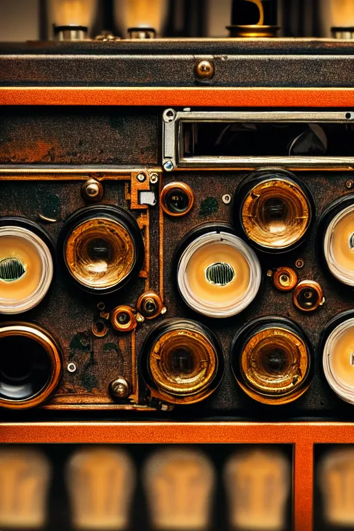 Prompt: A photo of a very old opened camera with vacuum tubes, capacitors and coils inside in the style of Wes Anderson, grungy, weathered Ultra detailed, hyper realistic, 4k