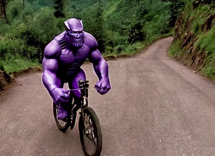 Prompt: film still of purple armored thanos as brand riding a small childrens bike down a steep mountain road in the goonies 1 9 8 5