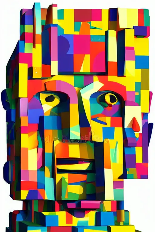 Image similar to cubist moai statue cutout digital illustration cartoon colorful beeple