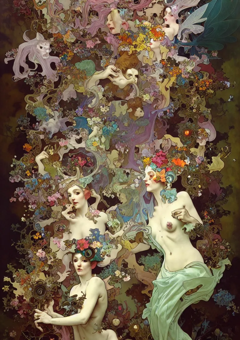 Image similar to baroque oil painting portrait of the colorful and playful fairy garden full of ghosts, by peter mohrbacher, alphonse mucha, brian froud, yoshitaka amano, kim keever, victo ngai, james jean