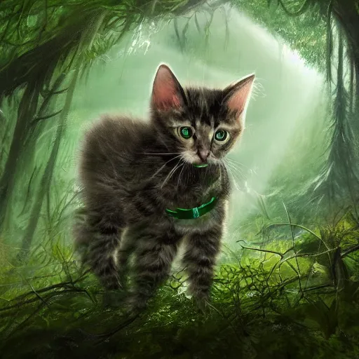 Prompt: a green eldritch kitten in an overgrown forest viewed from the sky by Marek Okon, god rays, fantasy art, 4k, HDR, photorealistic, 8k, trending on artstation