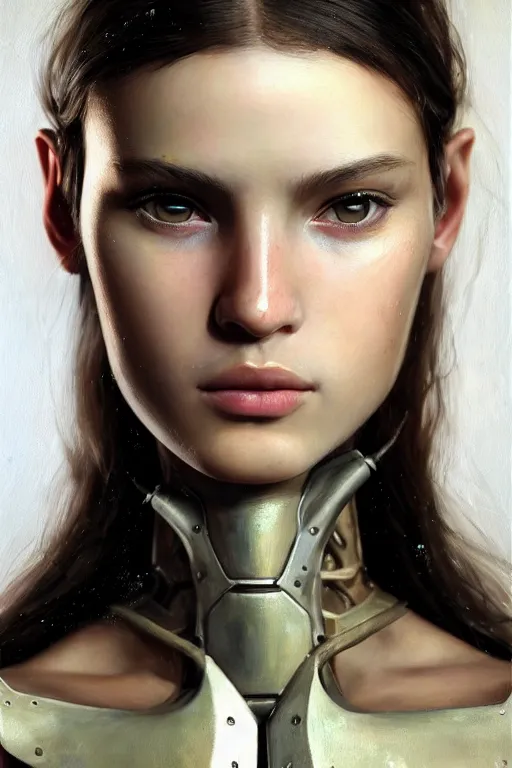 Image similar to a photorealistically painted portrait of an attractive young girl, partially clothed in dull metal-plated battle armor, olive skin, long dark hair, beautiful bone structure, symmetric facial features, perfect eyes, natural physique, intricate, elegant, digital painting, concept art, finely detailed, illustration, sharp focus, minimal artifacts, from Metal Gear, by Ruan Jia and Mandy Jurgens and Artgerm and William-Adolphe Bouguerea, in the style of Greg Rutkowski, trending on Artstation, award winning