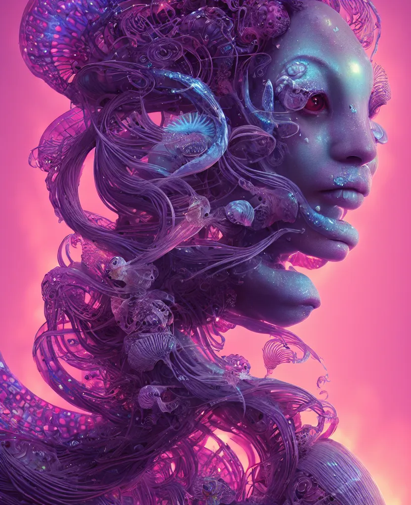 Image similar to goddess close-up face portrait. chimera orchid jellyfish phoenix head, nautilus, skull, betta fish, bioluminiscent creatures, intricate artwork by Tooth Wu and wlop and beeple. octane render, trending on artstation, greg rutkowski very coherent symmetrical artwork. cinematic, hyper realism, high detail, octane render, 8k