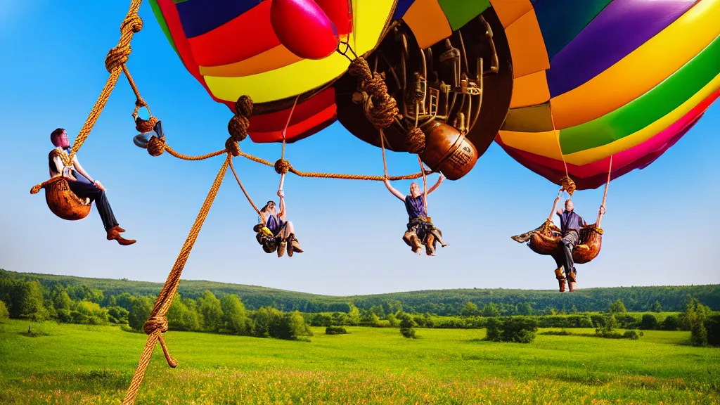 Image similar to large colorful steampunk balloons with people on rope swings underneath, flying high over the beautiful countryside landscape, professional photography, 8 0 mm telephoto lens, realistic, detailed