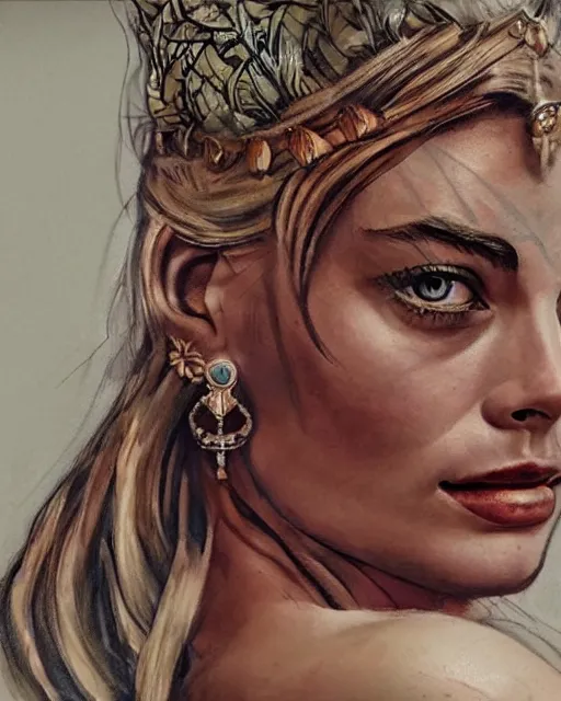 Image similar to realism tattoo sketch of margot robbie as a beautiful greek goddess aphrodite with piercing eyes wearing a laurel wreath and triangle earrings, in the style of greg rutkowski, amazing detail