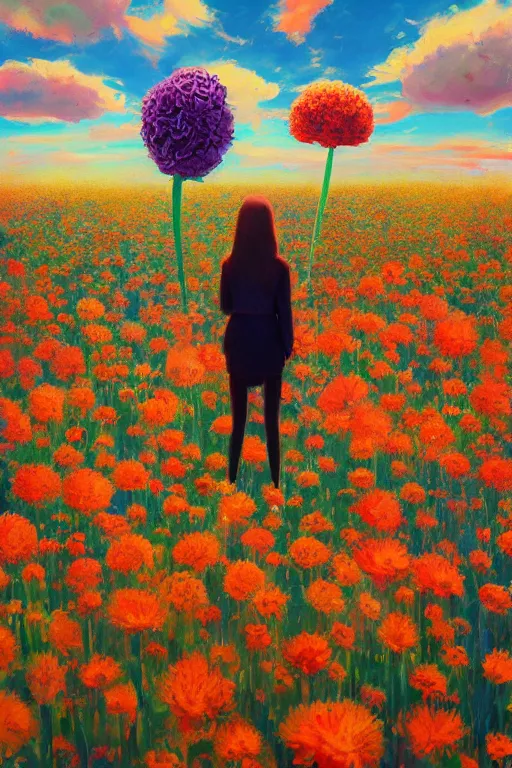 Image similar to closeup, giant flower head, girl in suit standing in a field of flowers, surreal photography, sunrise, blue sky, dramatic light, impressionist painting, digital painting, artstation, simon stalenhag