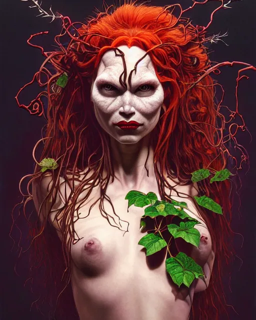 Image similar to closeup portrait the platonic ideal of flowers and roots of cletus kasady, venom, poison ivy, ultimate beautiful succubus, intricate, hyperrealism, intense, dmt, artgerm, moebius, greg rutkowski, dan mumford, alphonse mucha