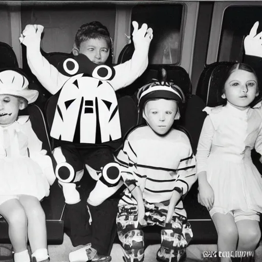Image similar to kids on Halloween costumes on a train to another dimension, vintage photography, high quality, nostalgic