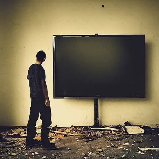 Prompt: “a man staring at a tv whilst imagining different worlds in an derelict room”