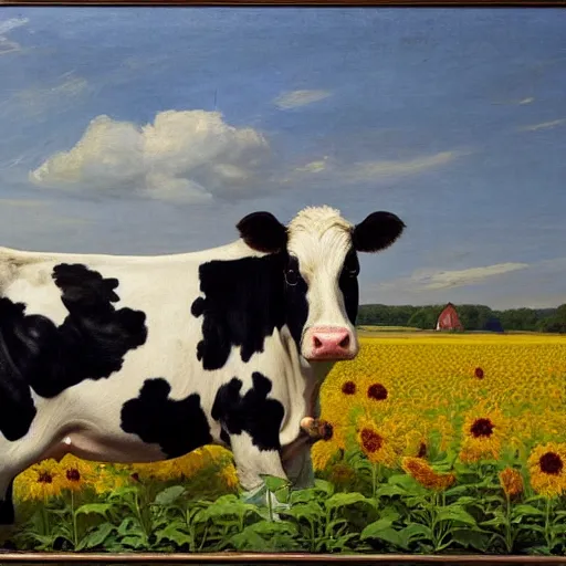 Prompt: portrait of a black and white cow in a beautiful field of sunflowers with a red barn behind it, by Michael Sowa, golden hour, extremely detailed masterpiece, oil on canvas, by J. C. Leyendecker and Peter Paul Rubens and Edward Hopper and Michael Sowa,