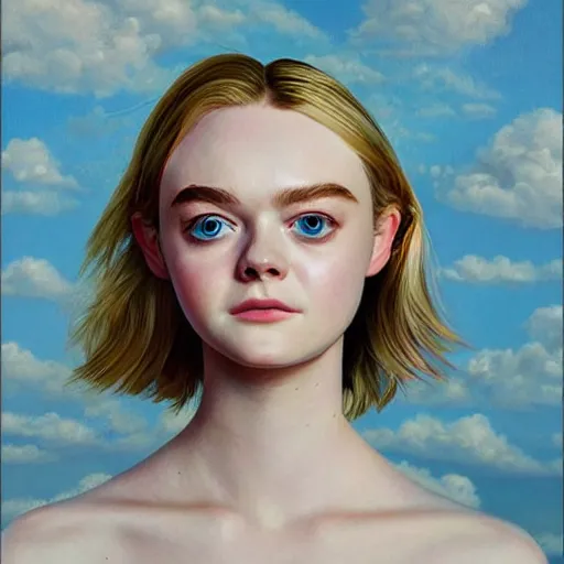 Image similar to professional painting of Elle Fanning in the style of Scott Listfield, head and shoulders portrait, symmetrical facial features, smooth, sharp focus, illustration, intricate, stormy weather, extremely detailed masterpiece,