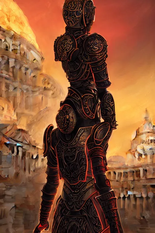 Image similar to portrait knights of Zodiac girl, metallic black and red color reflected armor, in ruin Agora of Athens sunrise, ssci-fi, fantasy, intricate, natural atmosphere, elegant, golden light, highly detailed, digital painting, concept art, smooth, sharp focus, illustration, art by N I X E U and tian zi and WLOP and loish and greg rutkowski