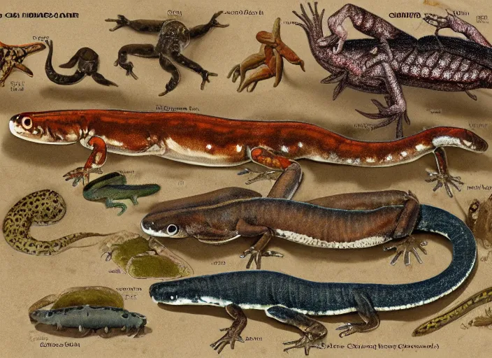 Image similar to Comparison between the common salamander and the giant salamander. Comparative anatomy. Adaption for size and weight.