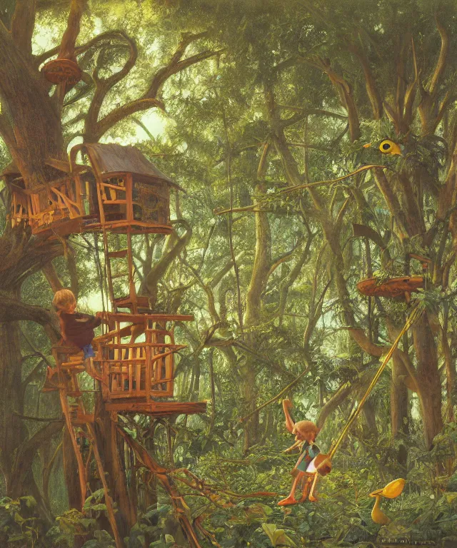 Prompt: masterful oil on canvas painting, eye - level view, shot from 5 0 feet distance, of a kid playing in a treehouse. in the background is a whimsical sparse forest. golden hour, detailed, depth, volume, chiaroscuro, quiet intensity, vivid color palette. by tex avery and gerald brom