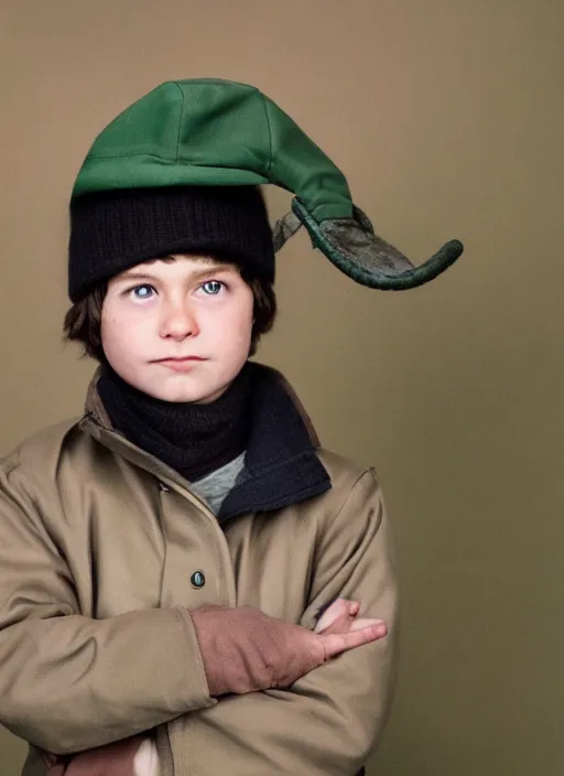 Prompt: portrait photo still of real life young stan marsh wearing a green trapper hat, 8 k, 8 5 mm, f. 1 4