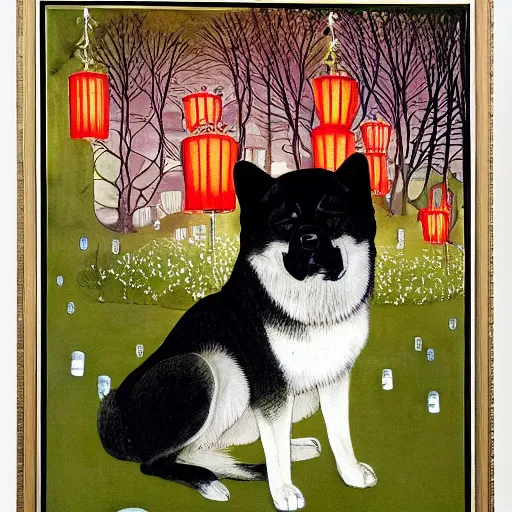 Image similar to portrait of a sitting red akita inu dog in a moonlit garden surrounded by floating lanterns, by warwick goble and kay nielsen