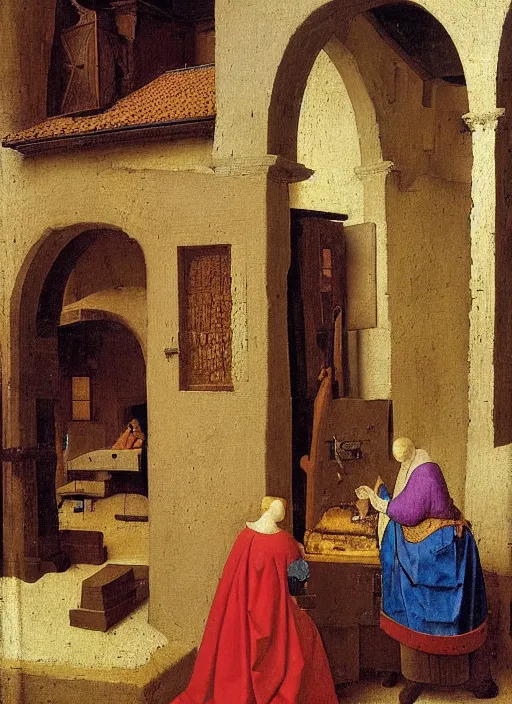 Image similar to medieval forge, medieval painting by Jan van Eyck, Johannes Vermeer, Florence