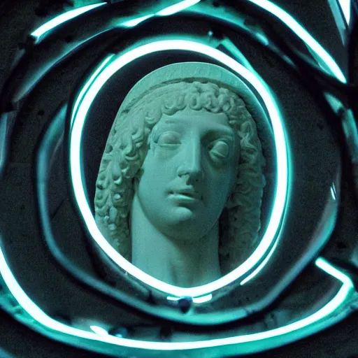 Image similar to a giant neon ring surrounding a renaissance statue head