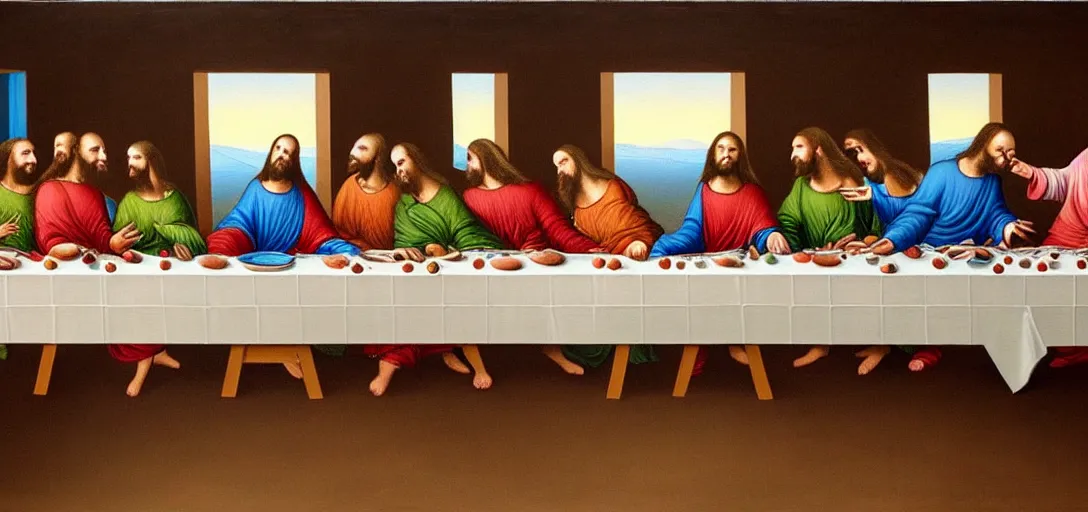 Image similar to a surreal painting of the last supper on the surface of mars