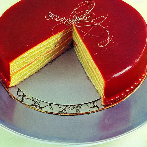 Image similar to 1970's cookbook color photograph of fancy cake sharp detail high detail