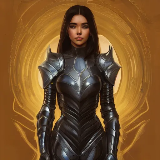 Prompt: portrait of madison beer wearing a skintight knight armor, intricate, elegant, highly detailed, digital painting, artstation, concept art, smooth, sharp focus, illustration, art by artgerm and greg rutkowski and alphonse mucha, 8 k