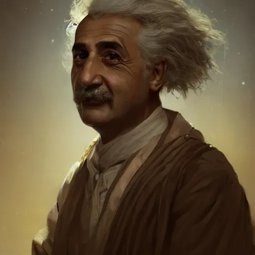 Image similar to a portrait of a Kurdish Albert Einstein in Kurdish clothes by Greg Rutkowski, digital art, horror, chiaroscuro, trending on artstation, anime arts, featured on Pixiv, HD, 8K, highly detailed, good lighting, beautiful, epic, masterpiece