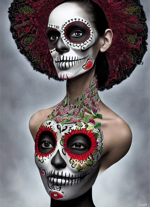 Prompt: dia de los muertos theme surrealist!!! art in the styles of igor morski, jim warren, and aida muluneh, intricate, hyperrealistic, accurate facial details, profile picture with chromakey!!!!! background, volumetric lighting