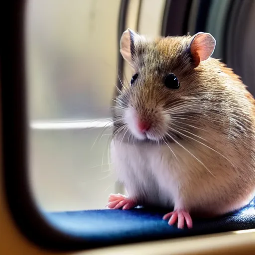 Image similar to distant photo of a hamster, sitting on a seat in a train, various poses, unedited, soft light, sharp focus, 8 k