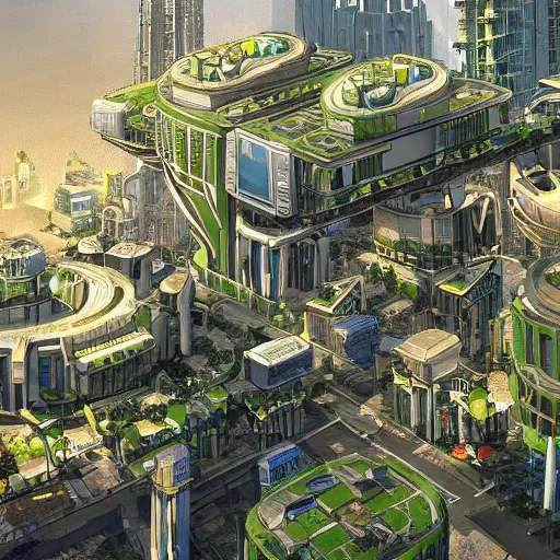 Prompt: a future solarpunk city, high quality, illustration