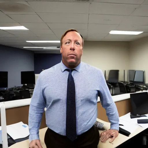 Image similar to alex jones inside an american office under fluorescent lights