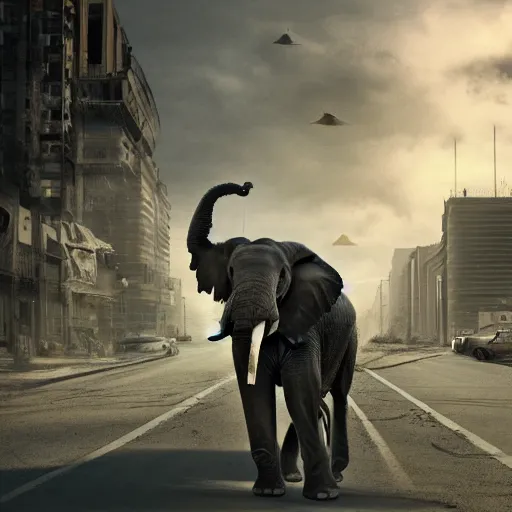 Prompt: elephant in a post apocalyptic city where the sky is green