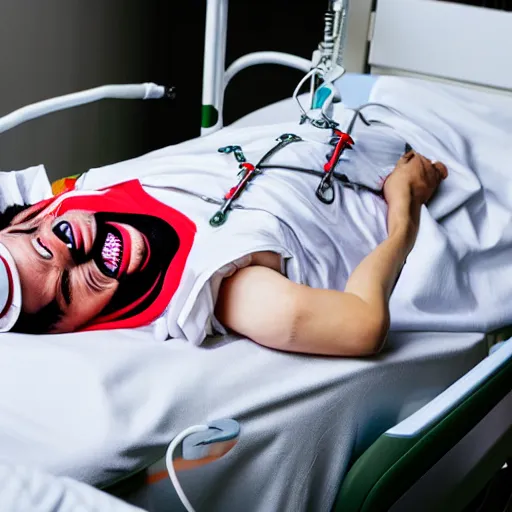 Image similar to confused laughing clown lying in hospital bed with wrist restraints on, restraint fabric straps attached to hospital bed, photograph, 8 k