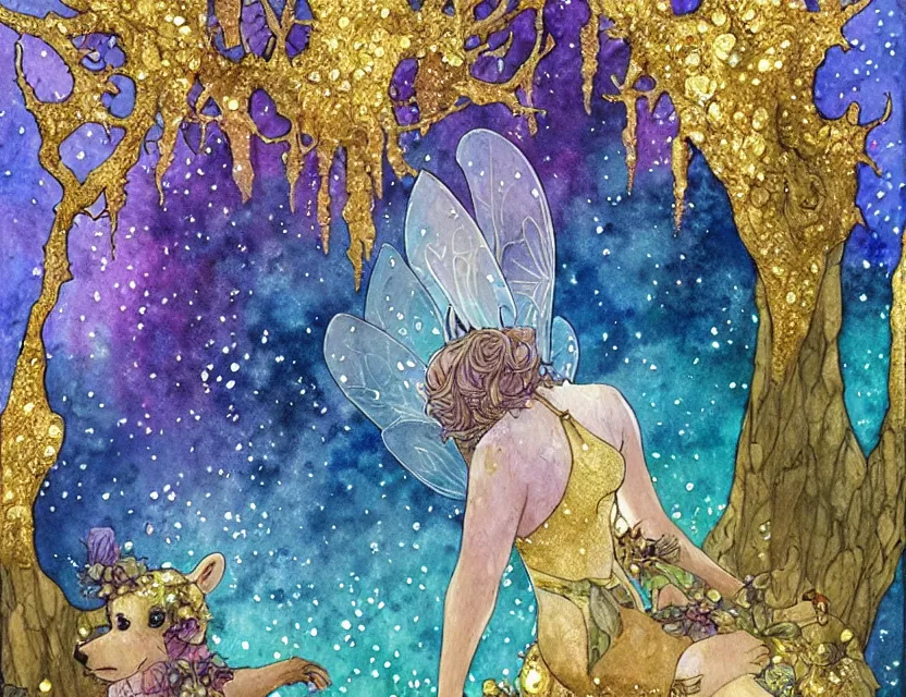 Prompt: faerie bear in a crystal cave. this watercolor and gold leaf work by the award - winning comic artist has a beautiful composition and intricate details.