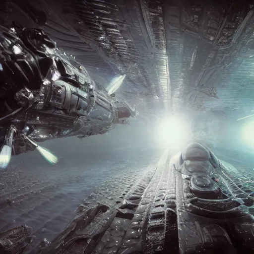 Image similar to concept art by craig mullins astronaut in futuristic dark and empty spaceship underwater. infrared complex and hyperdetailed technical suit. mandelbulb fractal. reflection and dispersion materials. rays and dispersion of light. volumetric light. 5 0 mm, f / 3 2. noise film photo. flash photography. unreal engine 4, octane render. interstellar movie art