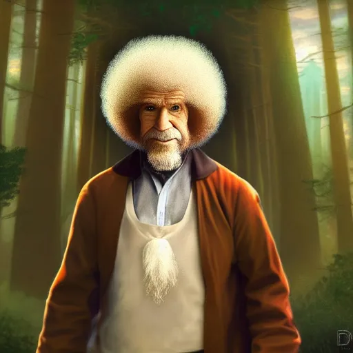 Image similar to a portrait of a Bob Ross as a Arch Mage ,Grim fantasy, D&D, HDR, natural light, shoulder level shot, dynamic pose, award winning photograph, Mucha style 4k,