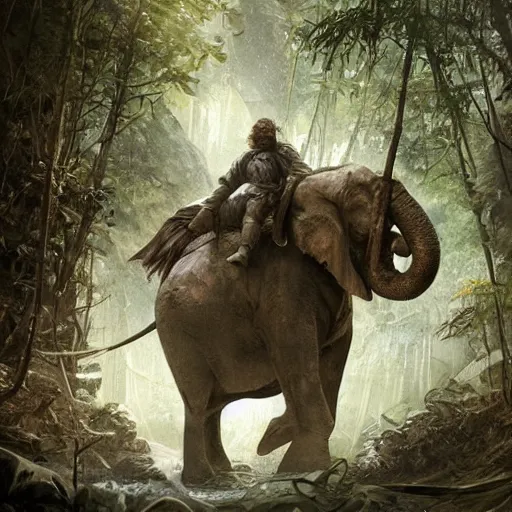 Image similar to a viking riding an elephant in a jungle, digital art, art by greg rutkowski, artstation, deviantart, highly detailed, photorealistic, fantasy art, clean, western comic art, award winning commission