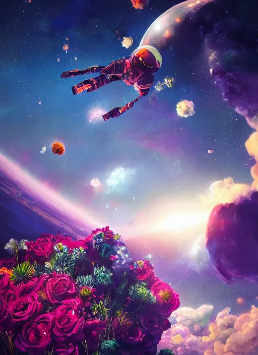 Image similar to An epic fantastic realism comic book style painting of the most beautiful flowers launched into space, bouquets, fisheye lens, unreal 5, DAZ, hyperrealistic, stars in the night sky, octane render, dynamic lighting