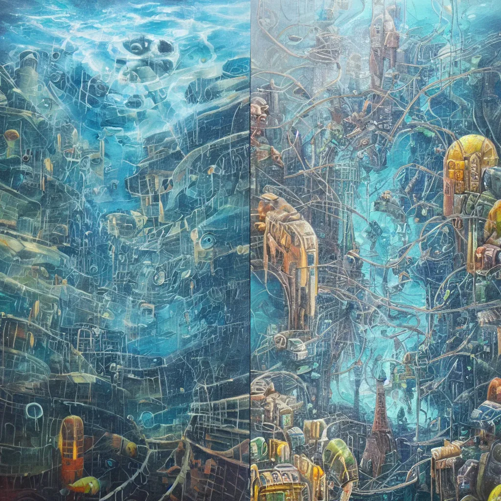 Prompt: an underwater city with a failing force field water is starting to flood the city sparks dance across the surfaces the city pushes upwards fighting the flow of both water and time, oil painting