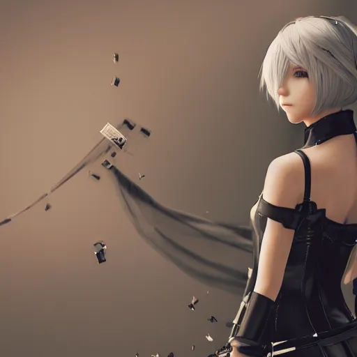 Prompt: a photo of 2 b nier automata, realistic, highly detailed, trending on art station, octane render, 8 k, 4 k,