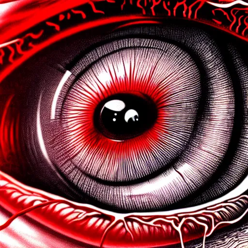 Image similar to a detailed extremely close up of inside the iris, cornea, red image, microscopic, extremely close up drawing by junji ito, cgsociety, generative art, lovecraftian, parallax, cosmic horror, extremely detailed, hyperrealism, unreal engine, octane render, award winning, masterpiece, highly detailed, realistic, 4 k, digital