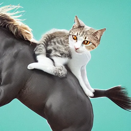 Image similar to a photograph of a fish riding a cat like a horse