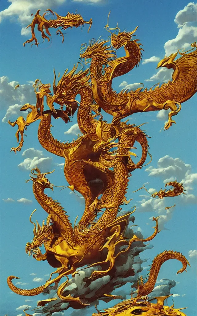 Image similar to golden dragon, epic, legendary, cinematic composition, stunning atmosphere by james jean by roger dean by lee madgewick