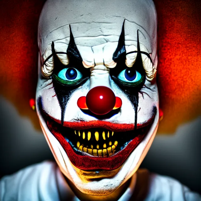 Prompt: creepy clown in a house at night, highly detailed, 8 k, hdr, smooth, sharp focus, high resolution, award - winning photo