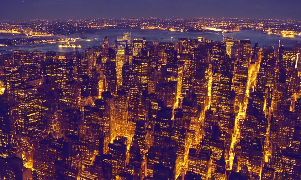 Image similar to photo of new york city at night, birdseye view, 4k, grainy, film photography